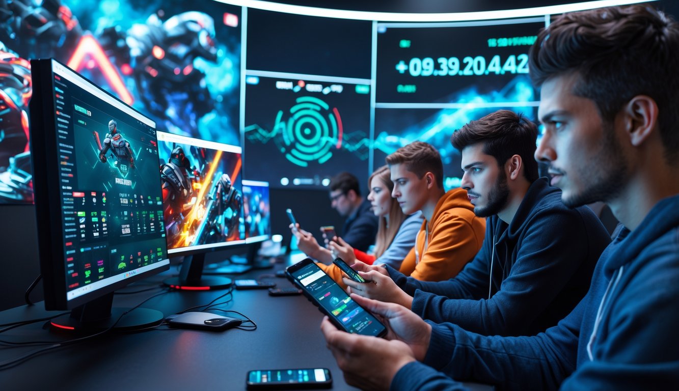 Sekelompok orang muda menggunakan perangkat digital di depan layar besar dengan tampilan permainan esports dan data taruhan.