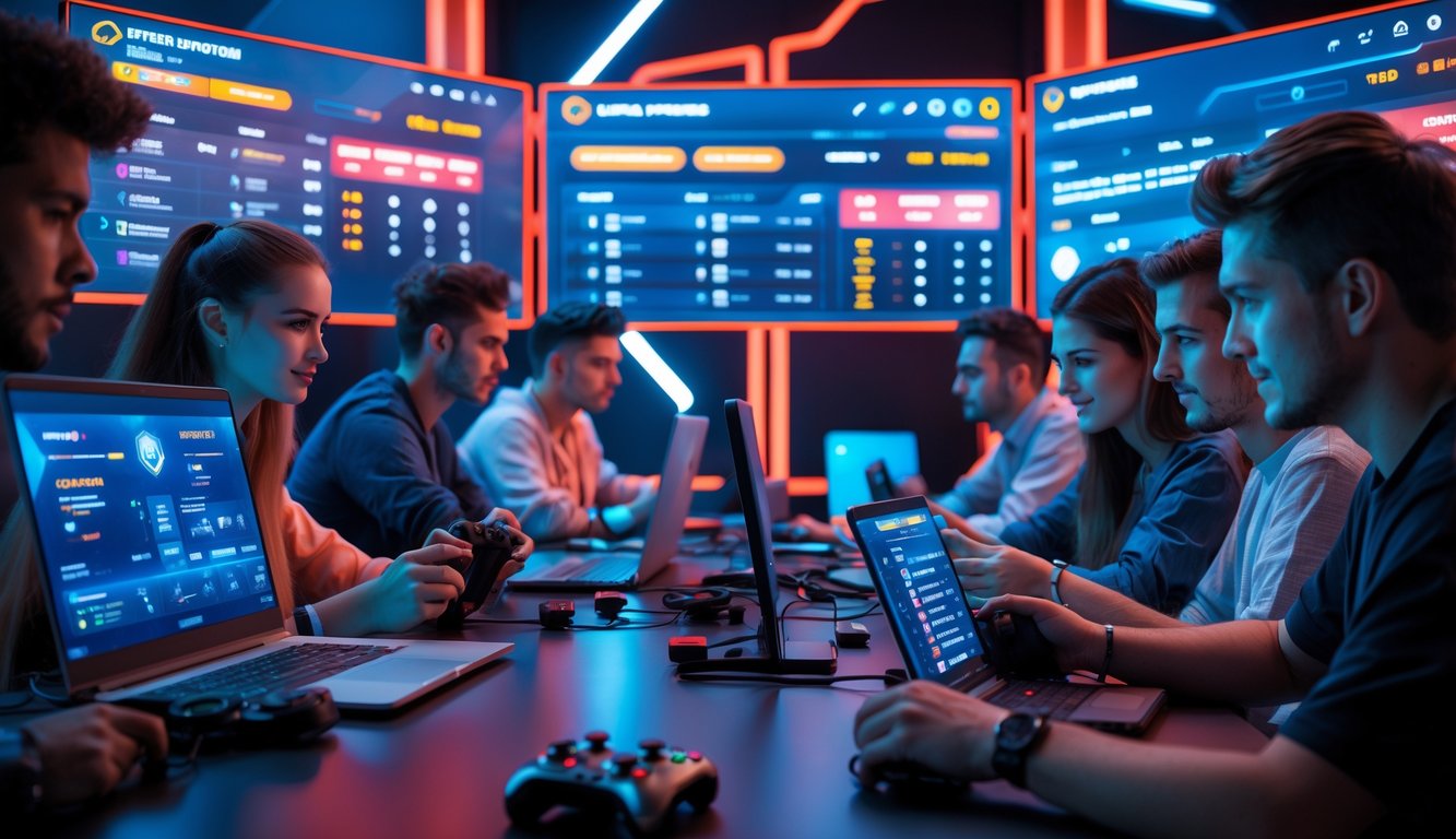 Beberapa orang muda sedang menggunakan perangkat elektronik untuk bermain dan bertaruh di platform judi esports online terbaru.