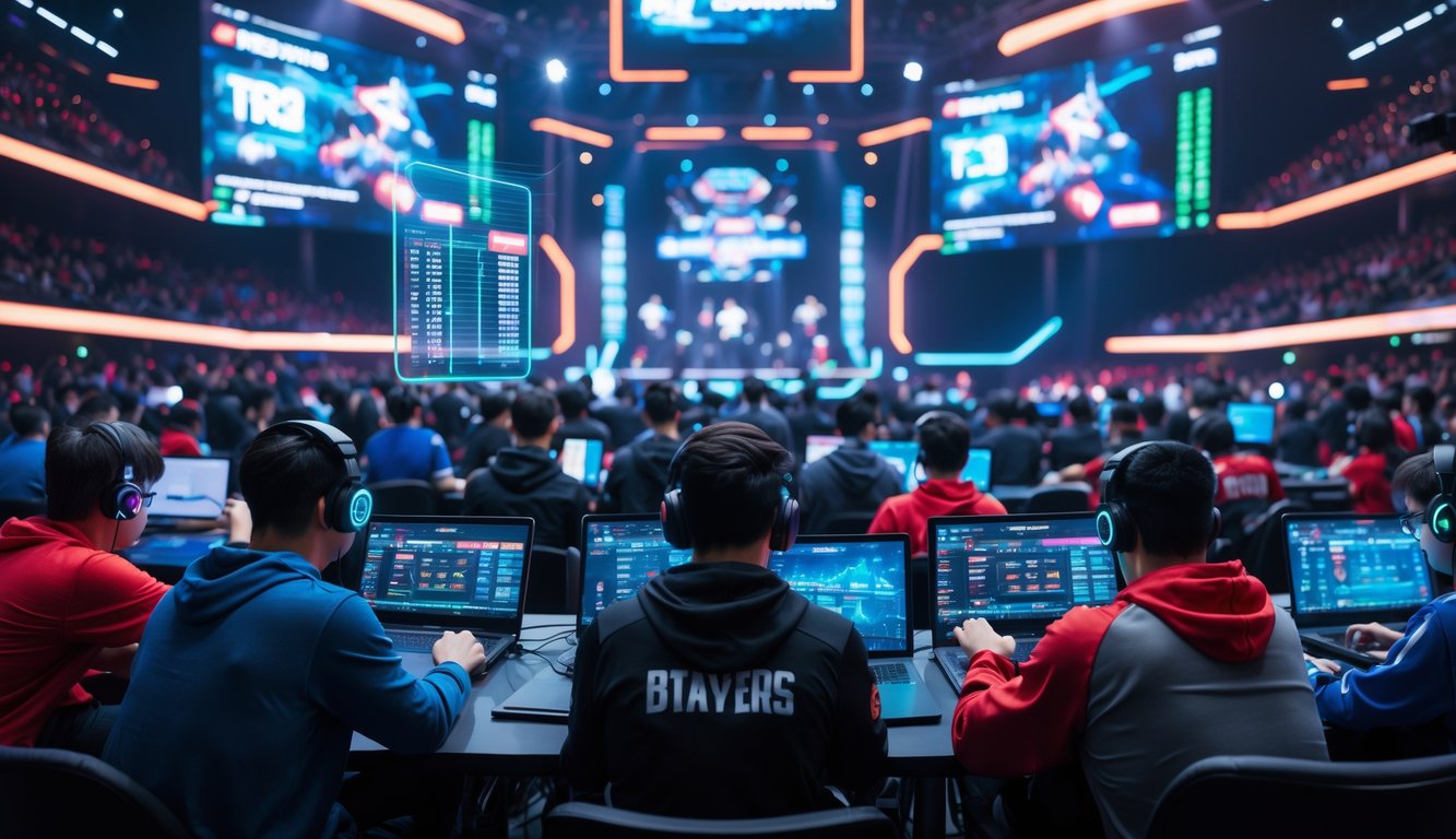 Suasana turnamen esports dengan orang-orang muda yang memasang taruhan menggunakan laptop dan ponsel di arena yang penuh lampu LED dan layar besar.