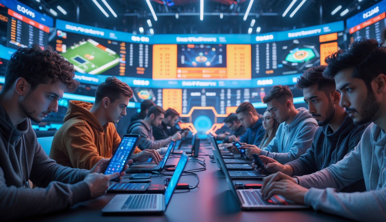 Orang-orang muda menggunakan perangkat digital di arena esports modern dengan layar besar menampilkan pertandingan dan statistik taruhan.