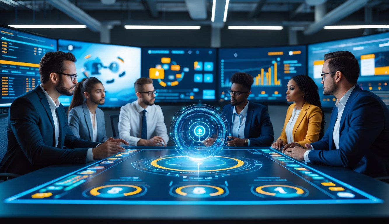 Sekelompok profesional sedang berdiskusi serius di kantor modern dengan layar digital besar yang menampilkan grafik dan ikon terkait esports dan perjudian online.