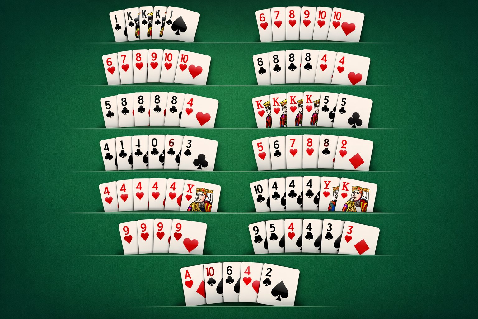 An illustration showing groups of playing cards arranged vertically to represent different poker hands ranked from highest to lowest.