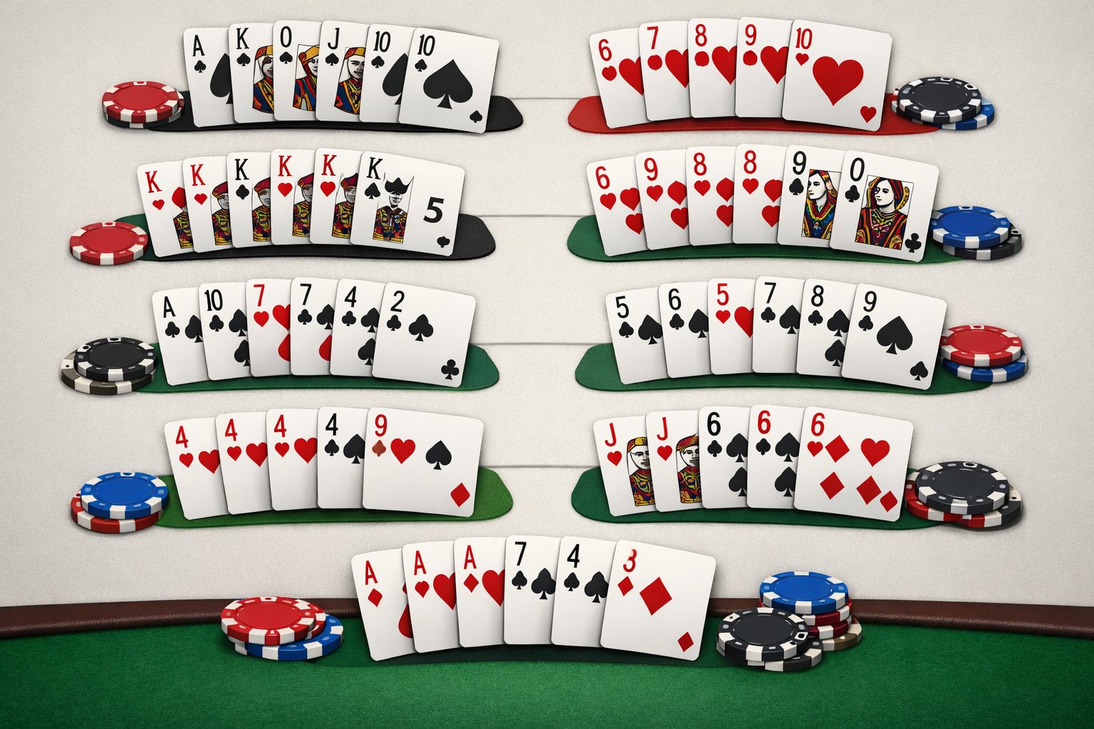 An illustration showing different poker hands arranged from highest to lowest rank, each hand with five playing cards clearly displayed.