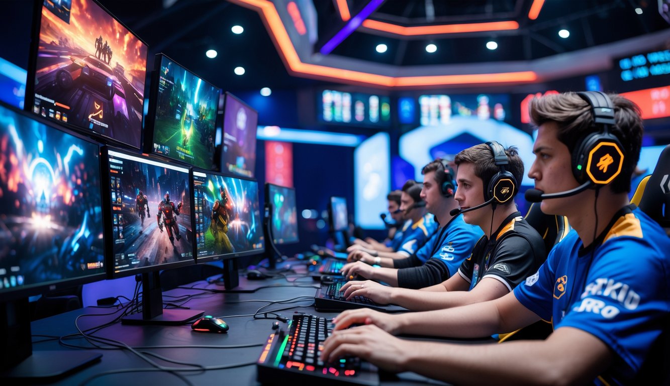 Sekelompok pemain esports muda yang fokus bermain di arena gaming modern dengan layar besar dan pencahayaan warna-warni.