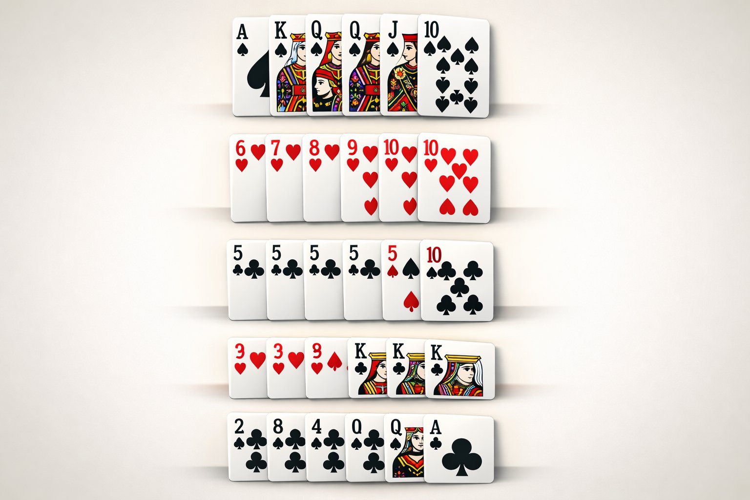 A clear illustration showing five different poker hands arranged vertically from best to worst, each hand displayed with playing cards.