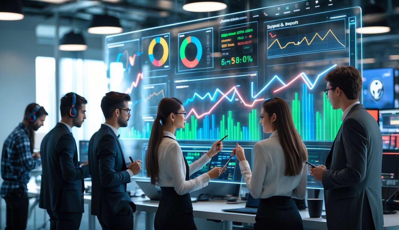 Sekelompok profesional muda sedang menganalisis data pasar judi esports menggunakan layar digital besar di kantor modern.