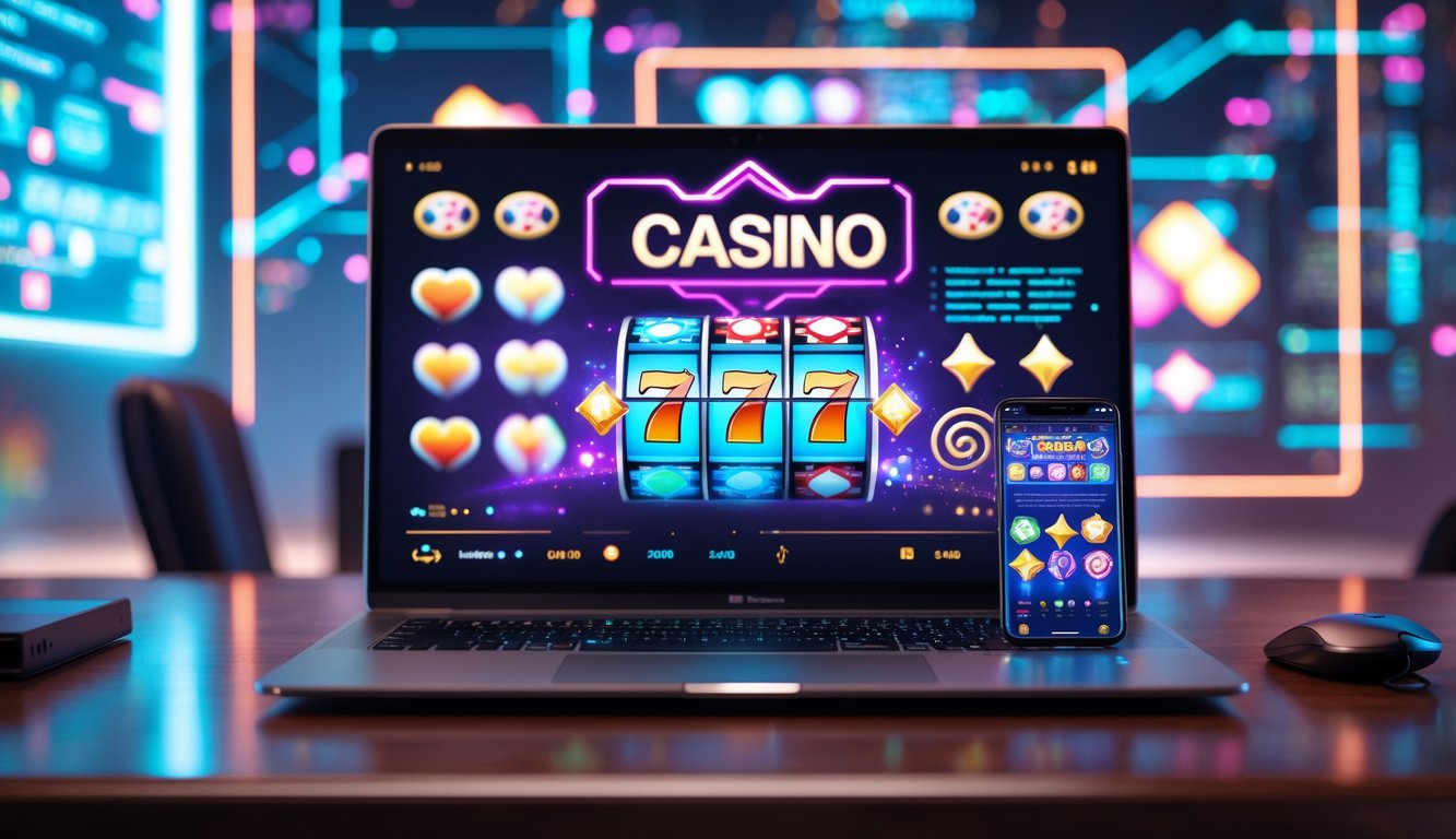 Antarmuka kasino online modern ditampilkan di laptop dan ponsel di atas meja kayu dengan latar belakang elemen digital futuristik.