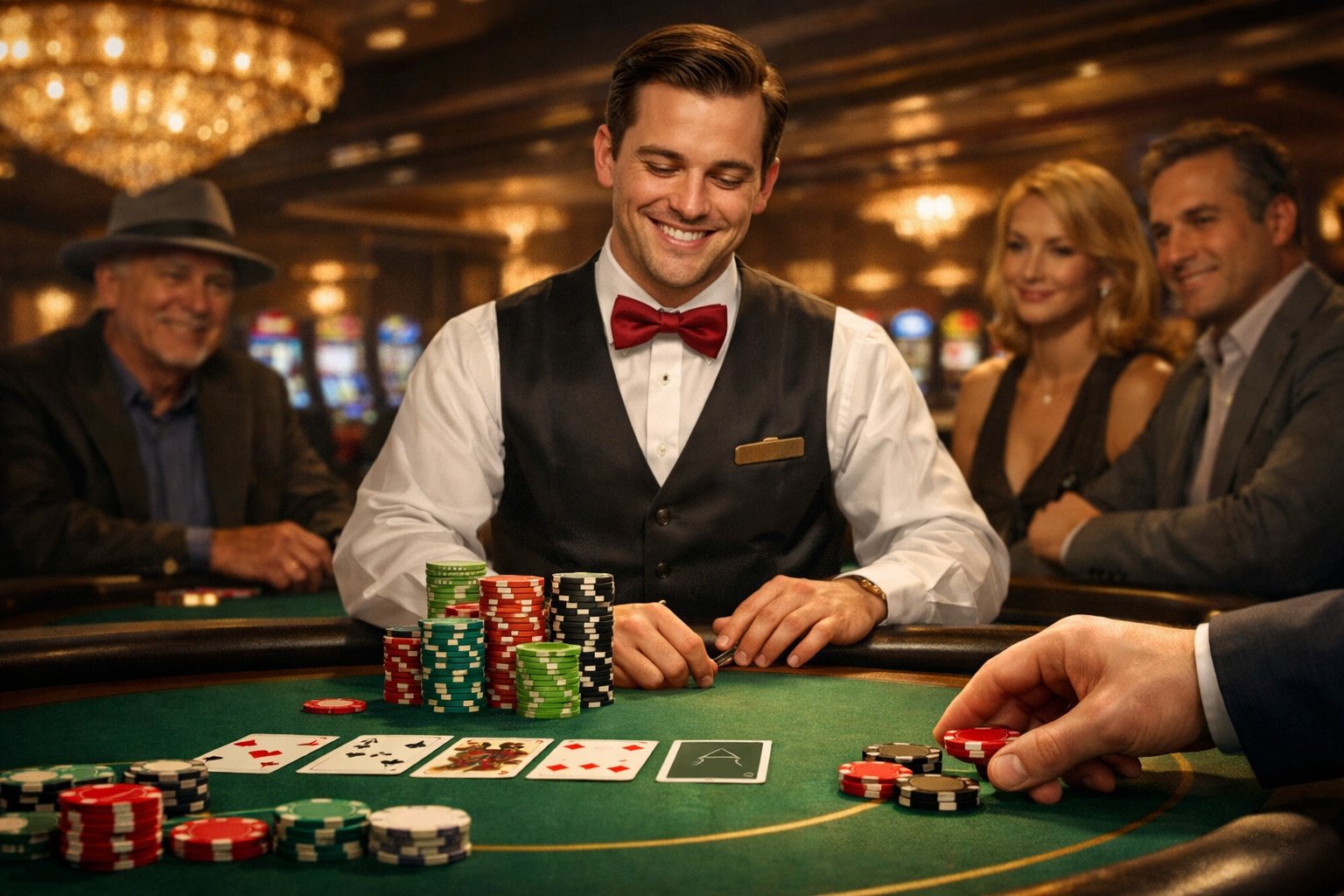A casino dealer receiving chips as a tip from a player at a poker table with other players watching in a luxurious casino setting.