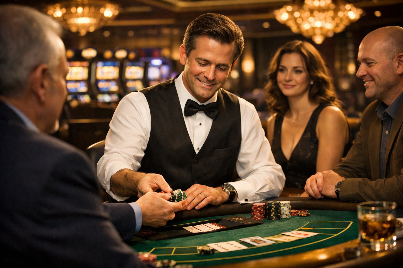 A casino dealer receiving a tip from a player at a gaming table with other players and casino machines in the background.