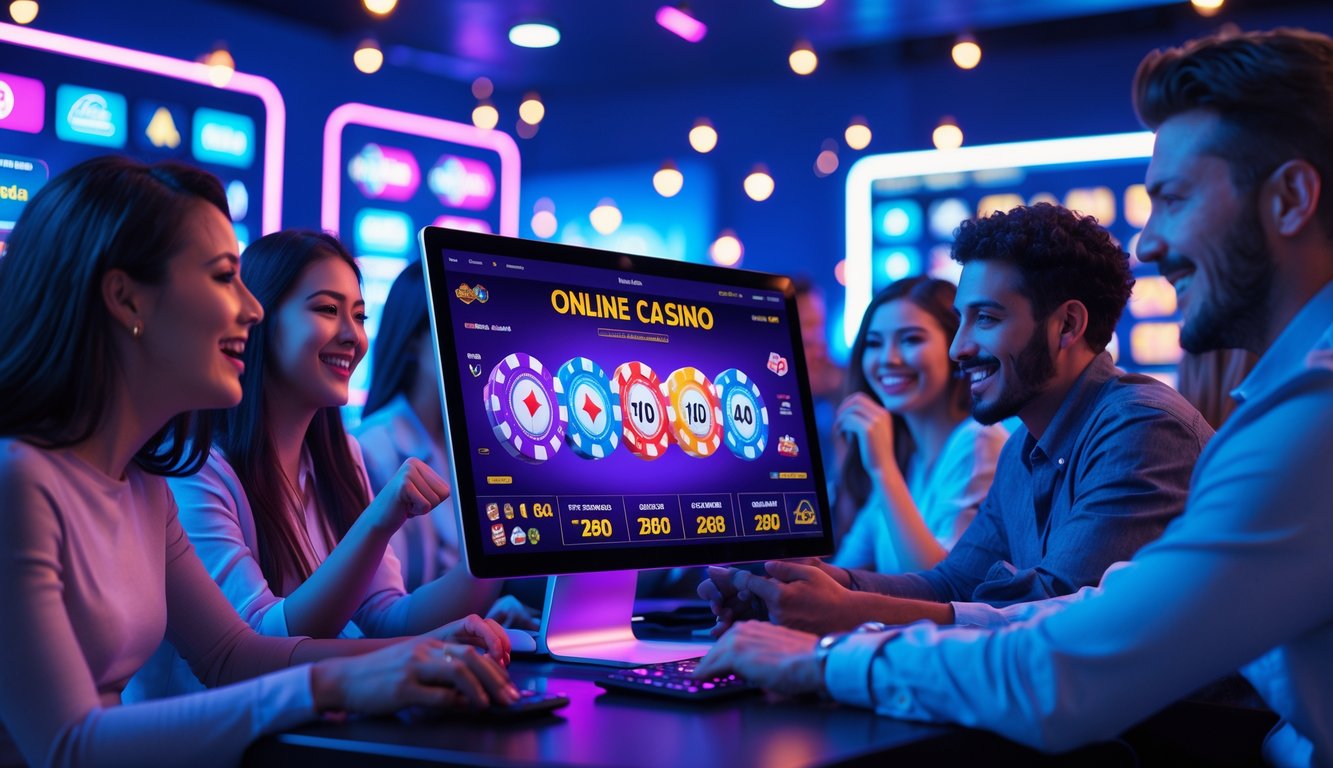 Orang-orang sedang bermain game kasino online dengan layar komputer menampilkan berbagai permainan kasino populer.