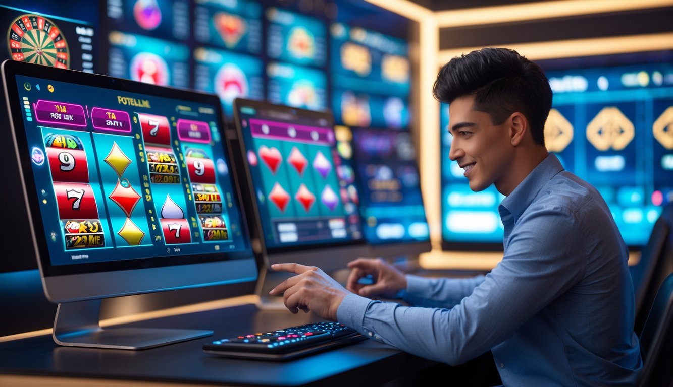Seorang dewasa muda sedang menggunakan komputer dengan layar menampilkan permainan kasino online di ruang kerja modern yang terang dan rapi.