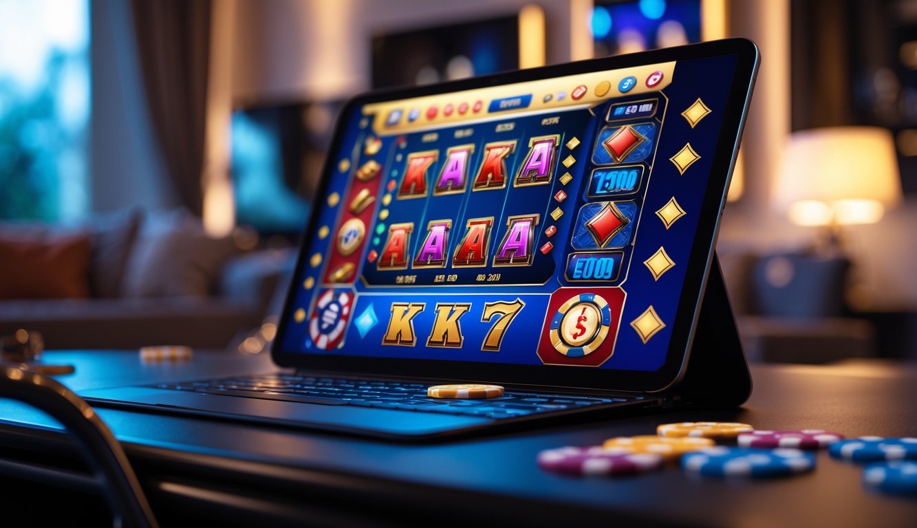 Seseorang sedang bermain permainan kasino online di layar komputer di dalam ruangan yang nyaman.