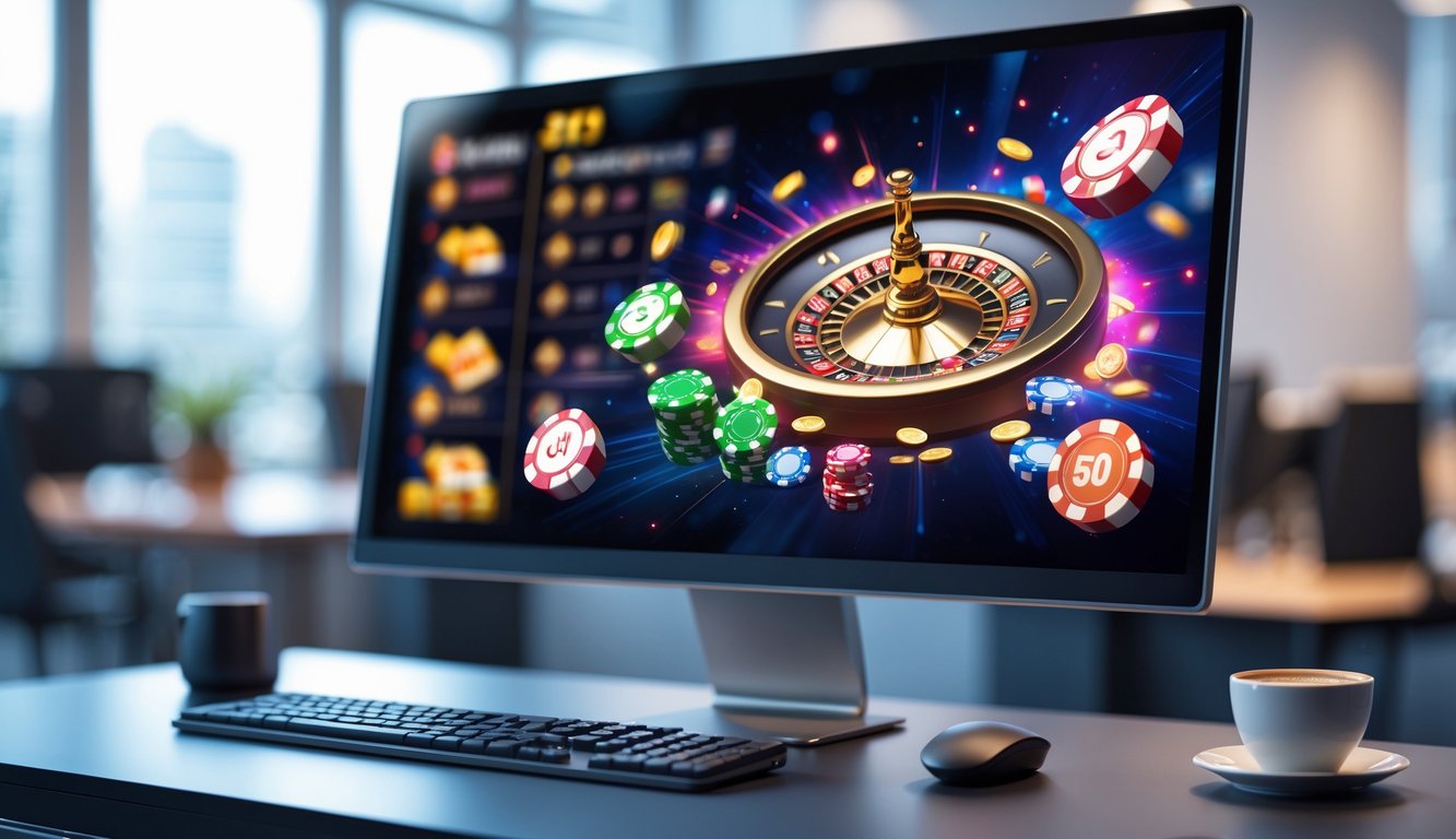 Sebuah monitor komputer menampilkan antarmuka platform kasino online dengan grafik permainan kasino yang cerah dan berwarna-warni di sebuah meja kerja modern.