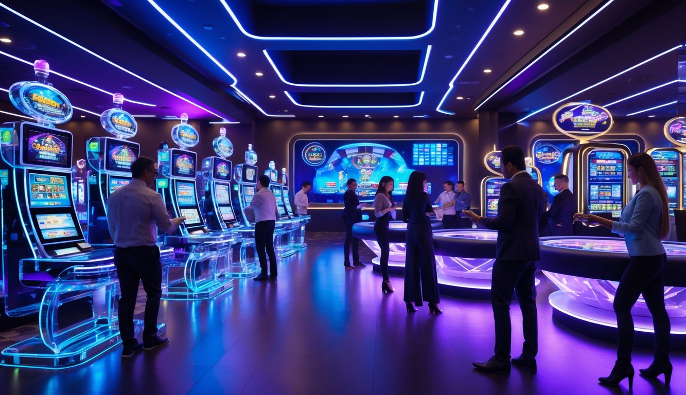Suasana kasino digital futuristik tahun 2026 dengan pemain yang menggunakan perangkat teknologi canggih untuk bermain permainan judi.