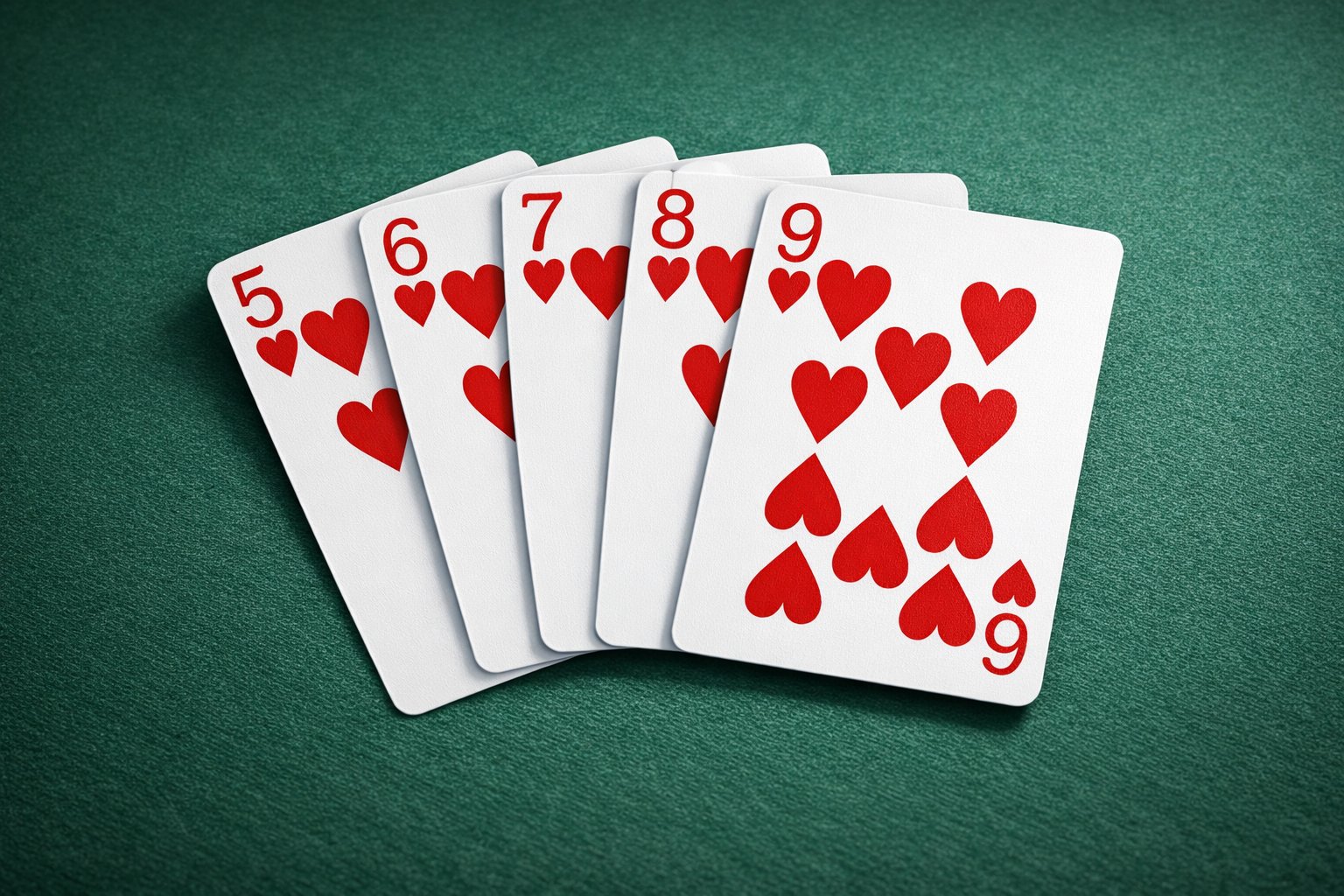 A poker hand of five consecutive heart cards from 5 to 9 laid out on a poker table.