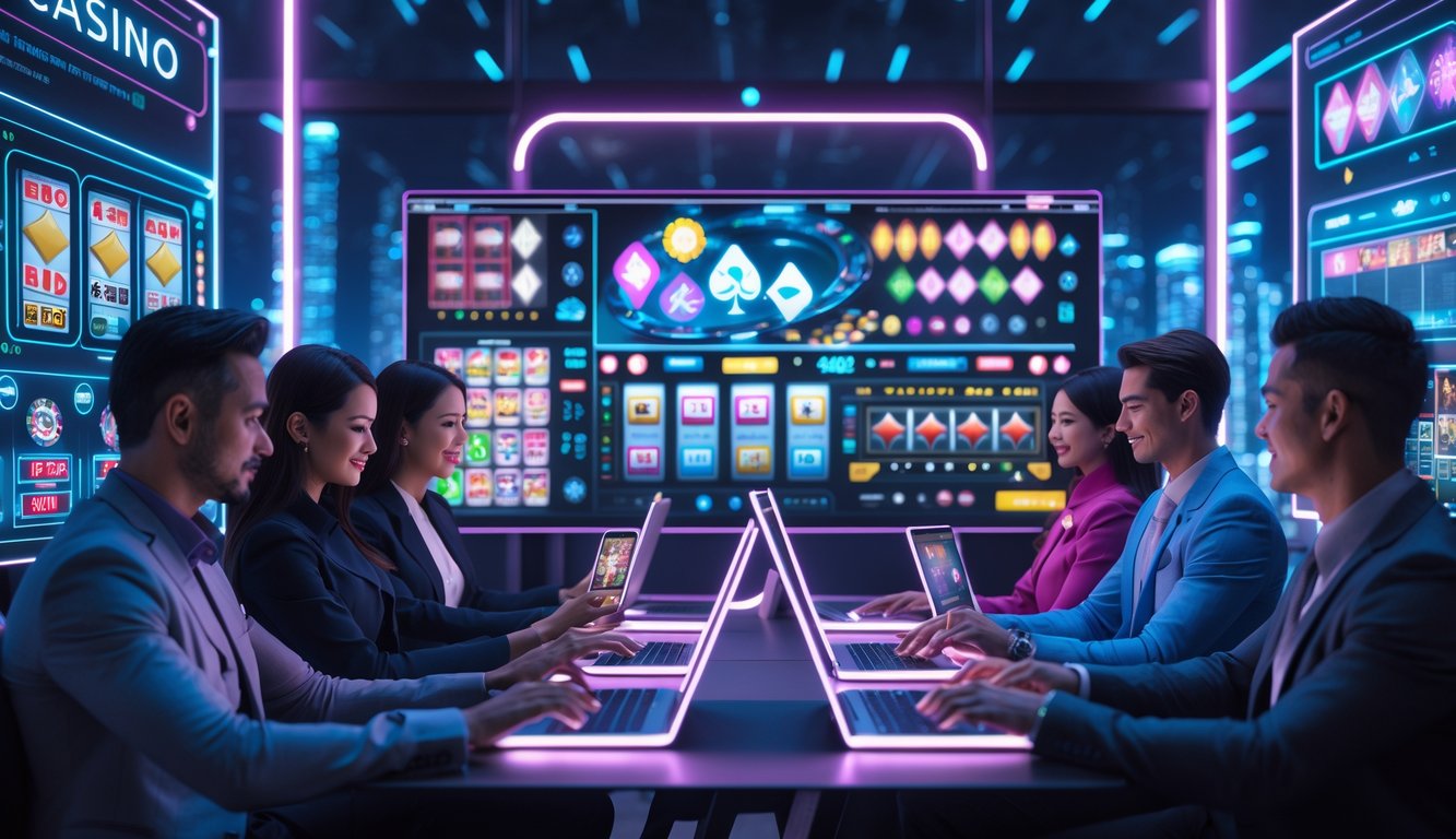 Orang-orang menggunakan perangkat digital untuk bermain permainan kasino online dengan latar belakang kota futuristik.
