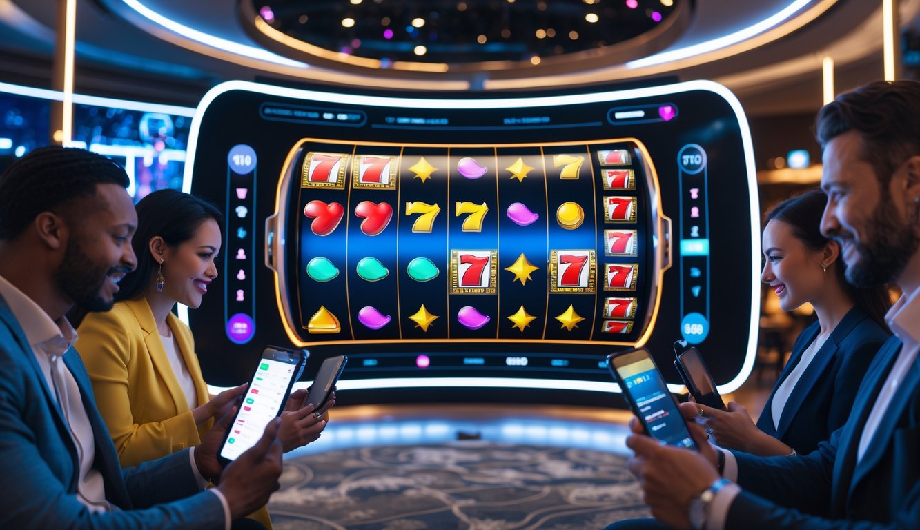 Orang-orang bermain permainan slot di kasino online dengan layar besar dan suasana futuristik.