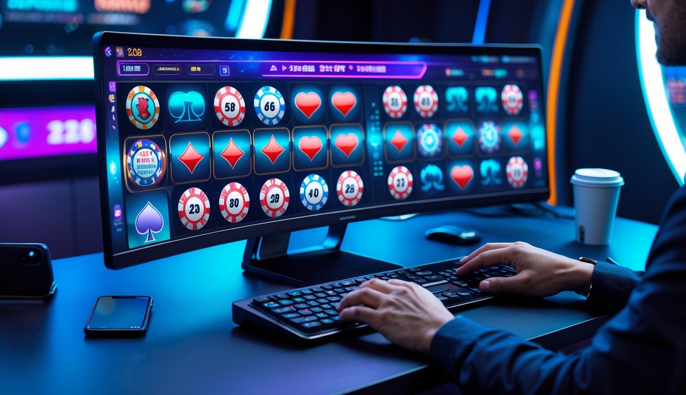 Seorang pemain sedang bermain game kasino online di depan komputer dengan layar besar menampilkan permainan kasino yang berwarna-warni.