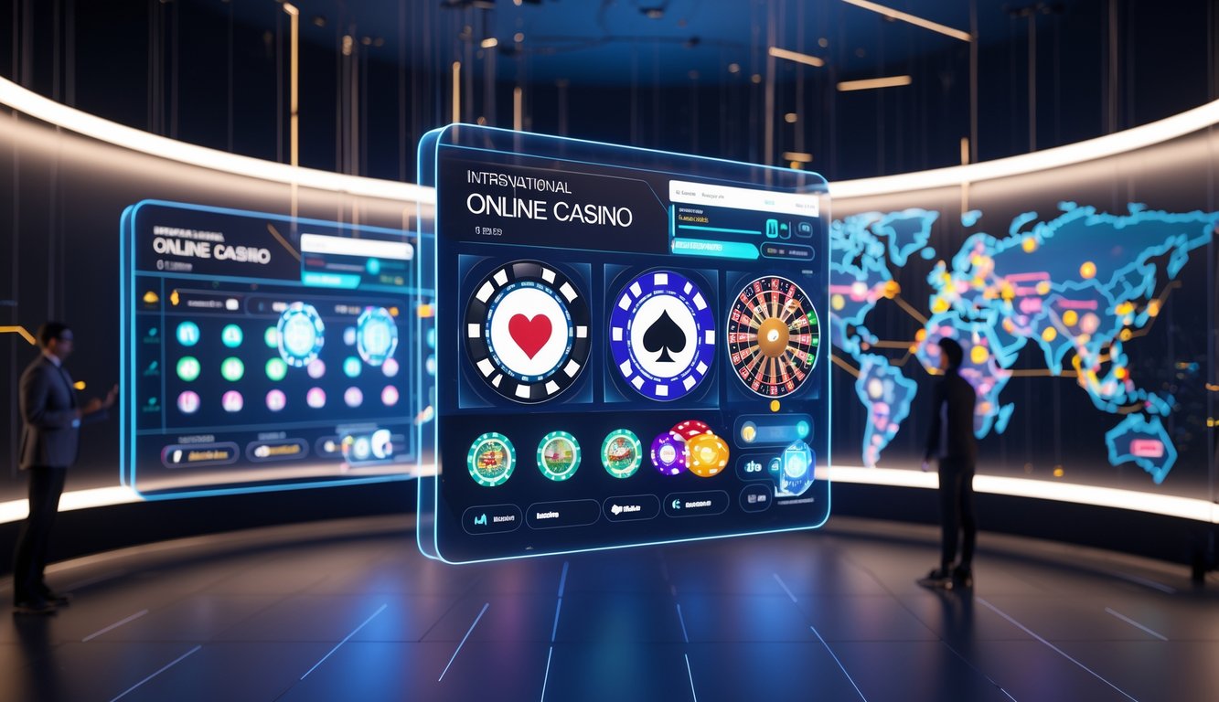 Suasana kasino online internasional dengan layar holografik menampilkan permainan kasino dan pemain dari berbagai negara berinteraksi menggunakan perangkat canggih.