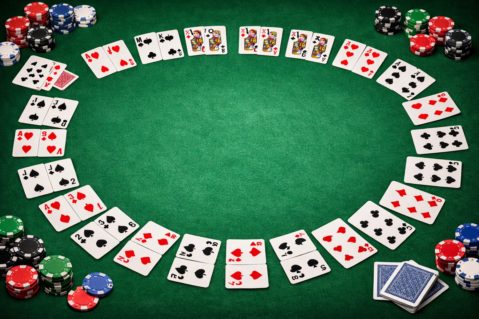 A top-down view of a poker table showing all pairs of Texas Hold'em starting hands arranged in a semicircle with playing cards and poker chips on a green felt surface.