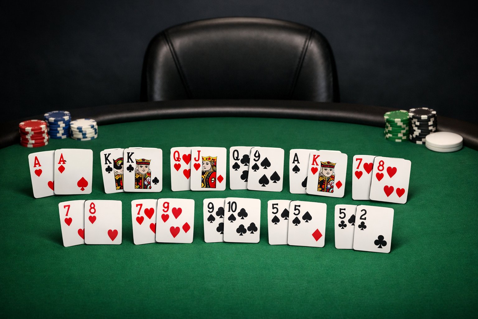 A poker table displaying various two-card starting hands in Texas Hold'em with poker chips and a dealer button nearby.