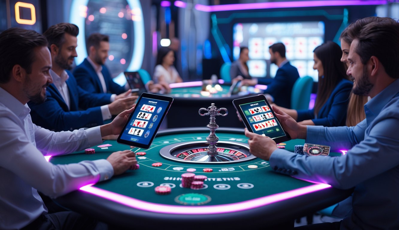 Orang-orang bermain permainan kasino online menggunakan perangkat digital di meja permainan futuristik dengan pencahayaan LED.