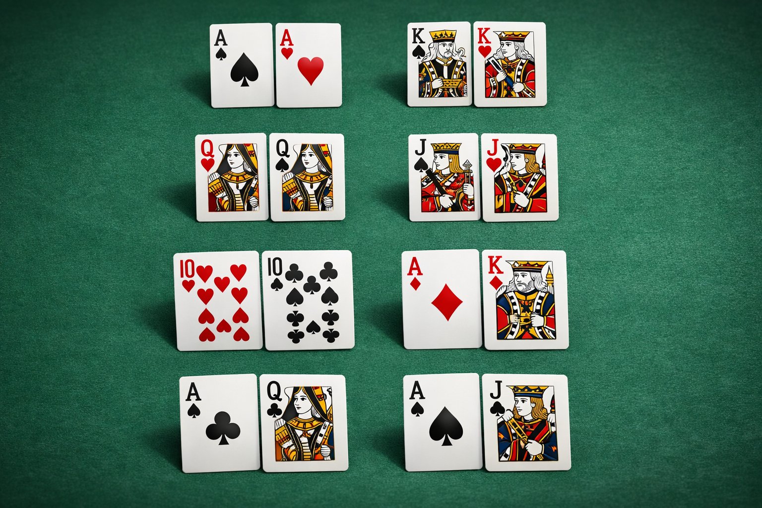 An illustration showing several pairs of playing cards arranged to represent the best starting hands in Texas Hold'em poker.