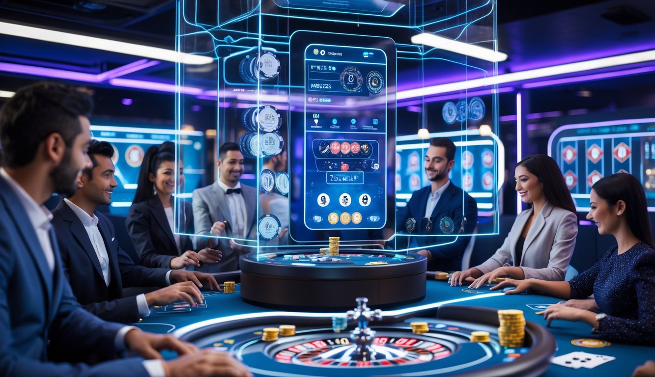 Orang-orang bermain permainan kasino langsung secara online dengan perangkat realitas virtual di lingkungan kasino futuristik.