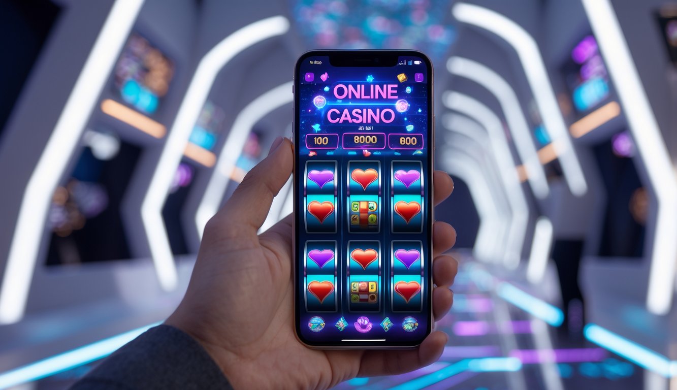 Seseorang memegang ponsel yang menampilkan permainan kasino online dengan antarmuka berwarna-warni dan elemen digital futuristik.