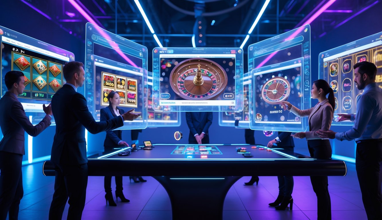 Antarmuka kasino online futuristik dengan layar holografik mengambang dan pemain yang berinteraksi menggunakan gerakan tangan di ruangan dengan pencahayaan neon biru dan ungu.