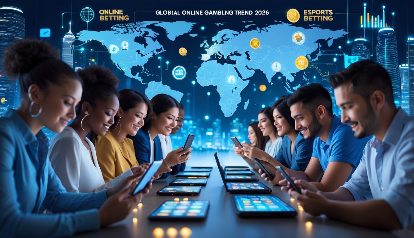 Orang-orang dari berbagai latar belakang menggunakan perangkat digital untuk berjudi online dengan latar belakang kota futuristik dan elemen data digital.