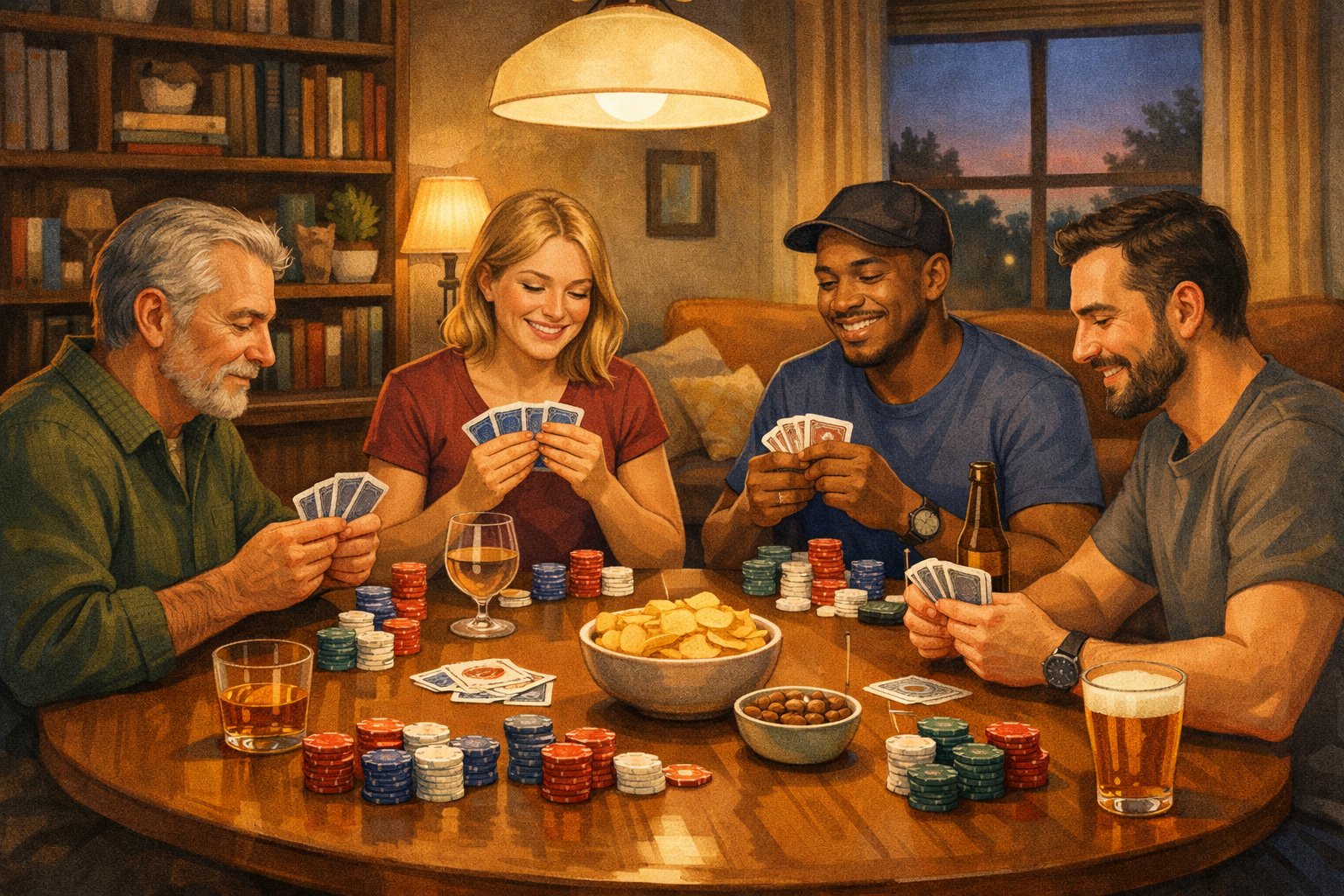 Four adults playing poker around a table in a cozy home setting with warm lighting and casual atmosphere.