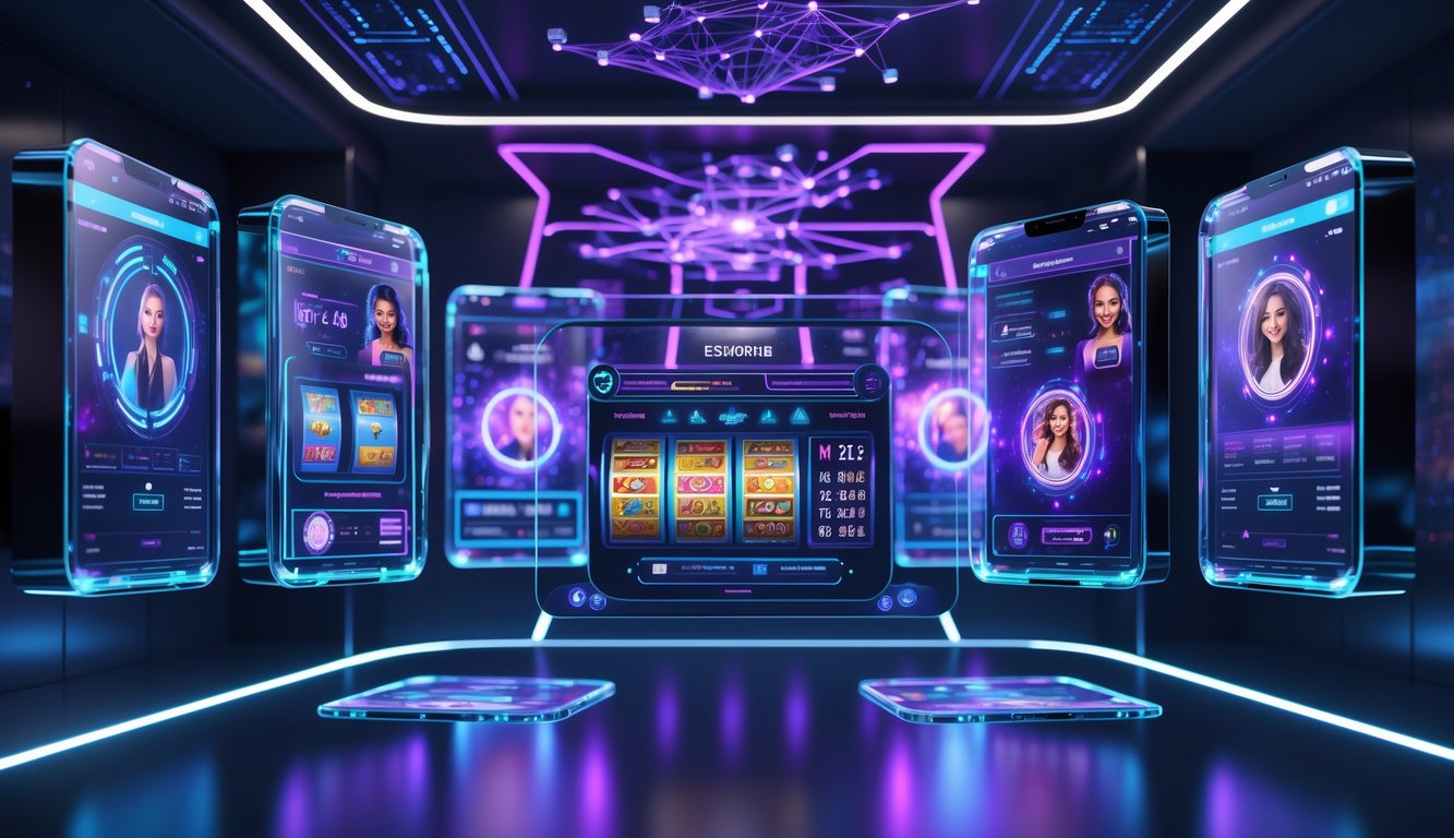 Antarmuka kasino online futuristik dengan layar holografik dan elemen teknologi tinggi di ruangan modern.