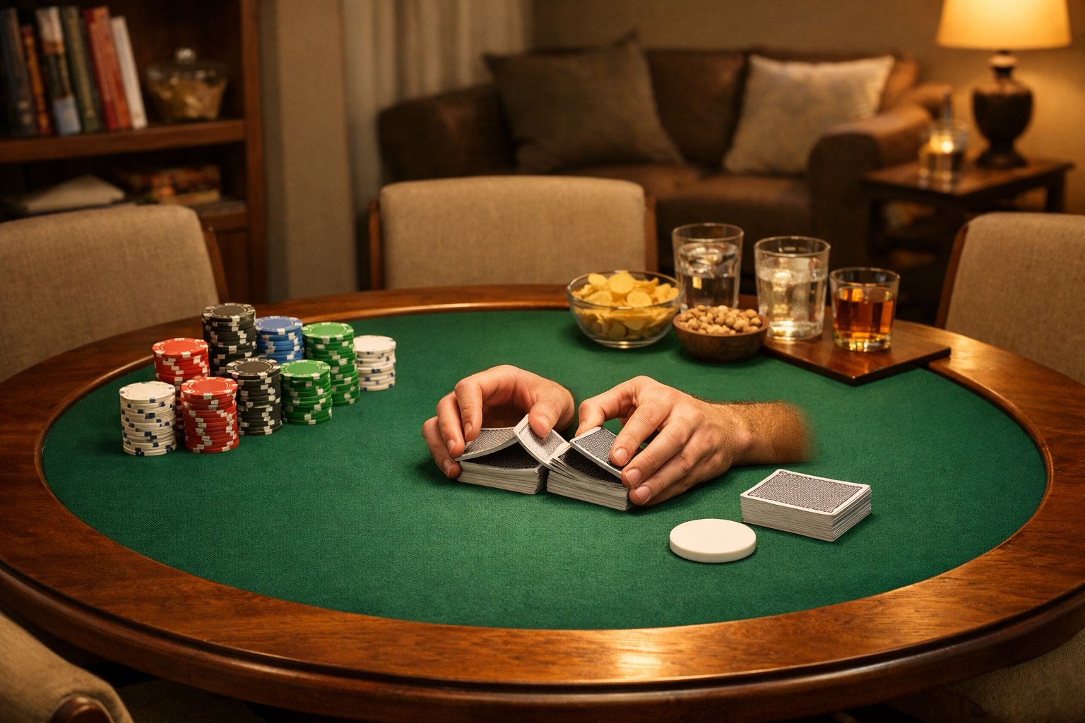 A home poker table set up with poker chips, cards, chairs, and refreshments in a cozy living room.