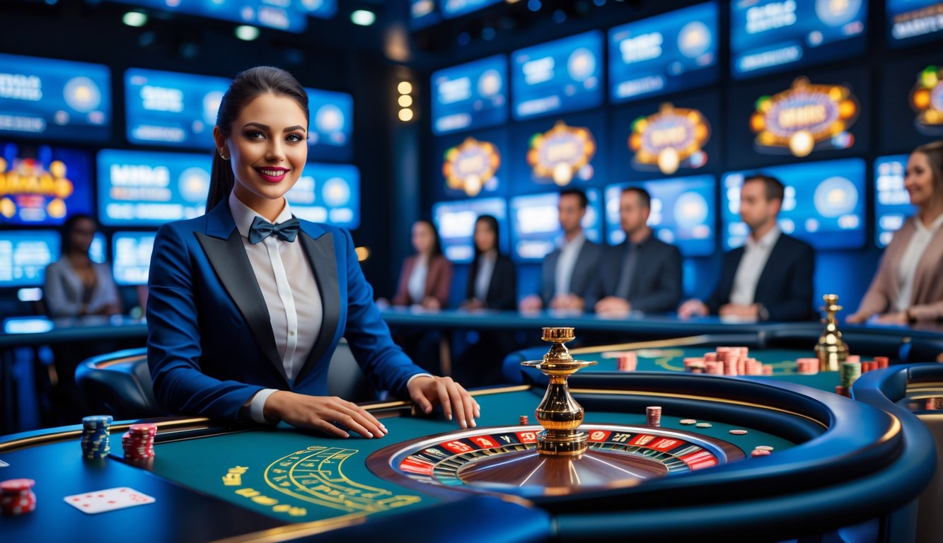 Seorang dealer kasino langsung yang profesional sedang berinteraksi dengan pemain melalui meja kasino modern dengan layar digital di latar belakang.