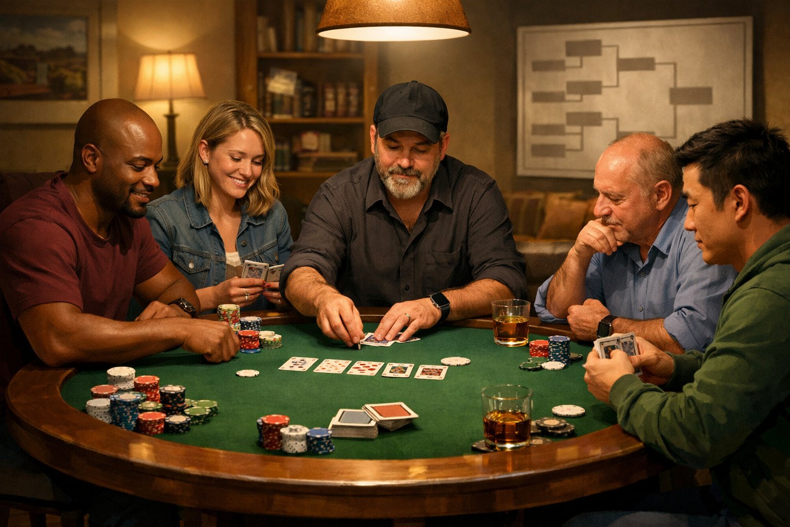A group of people playing poker around a table in a cozy living room, with poker chips and cards on the table.