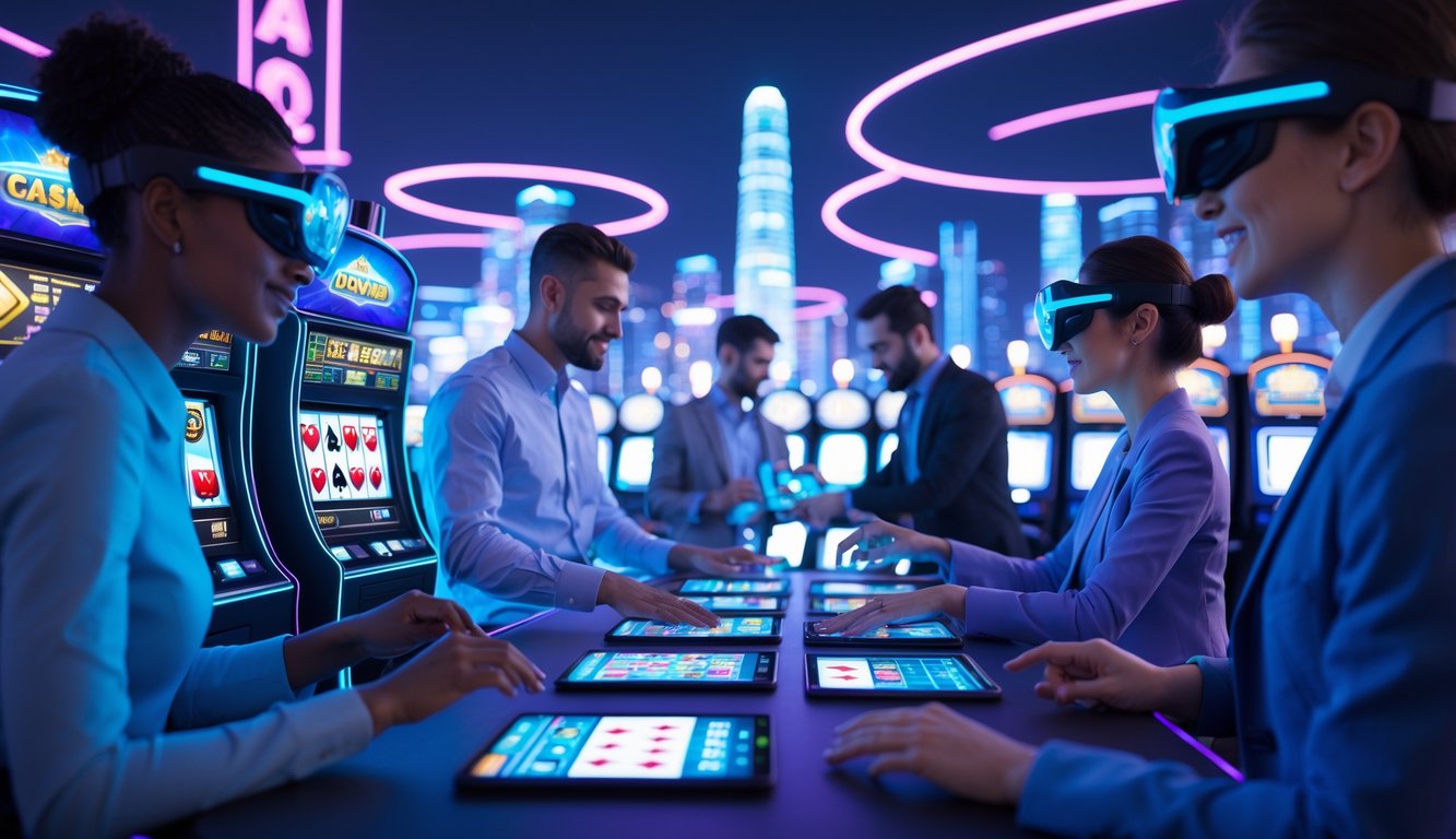 Orang-orang menggunakan perangkat layar sentuh dan headset realitas virtual dengan latar belakang kota futuristik yang terang, menggambarkan perkembangan industri kasino online tahun 2026.