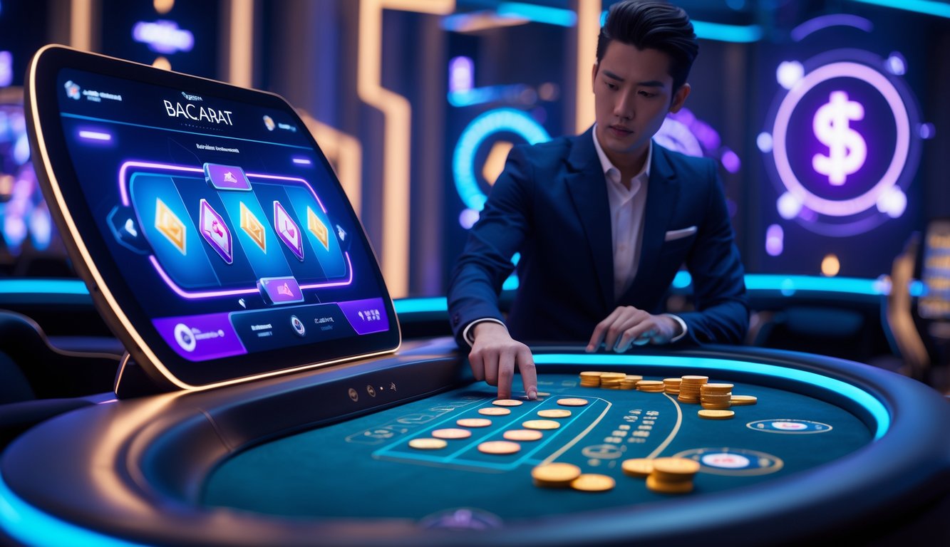 Seseorang sedang bermain baccarat online dengan antarmuka digital futuristik di layar besar.