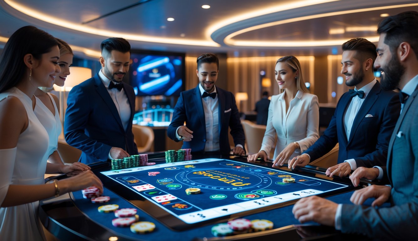 Sekelompok orang bermain baccarat online di meja digital modern dengan suasana lounge futuristik.