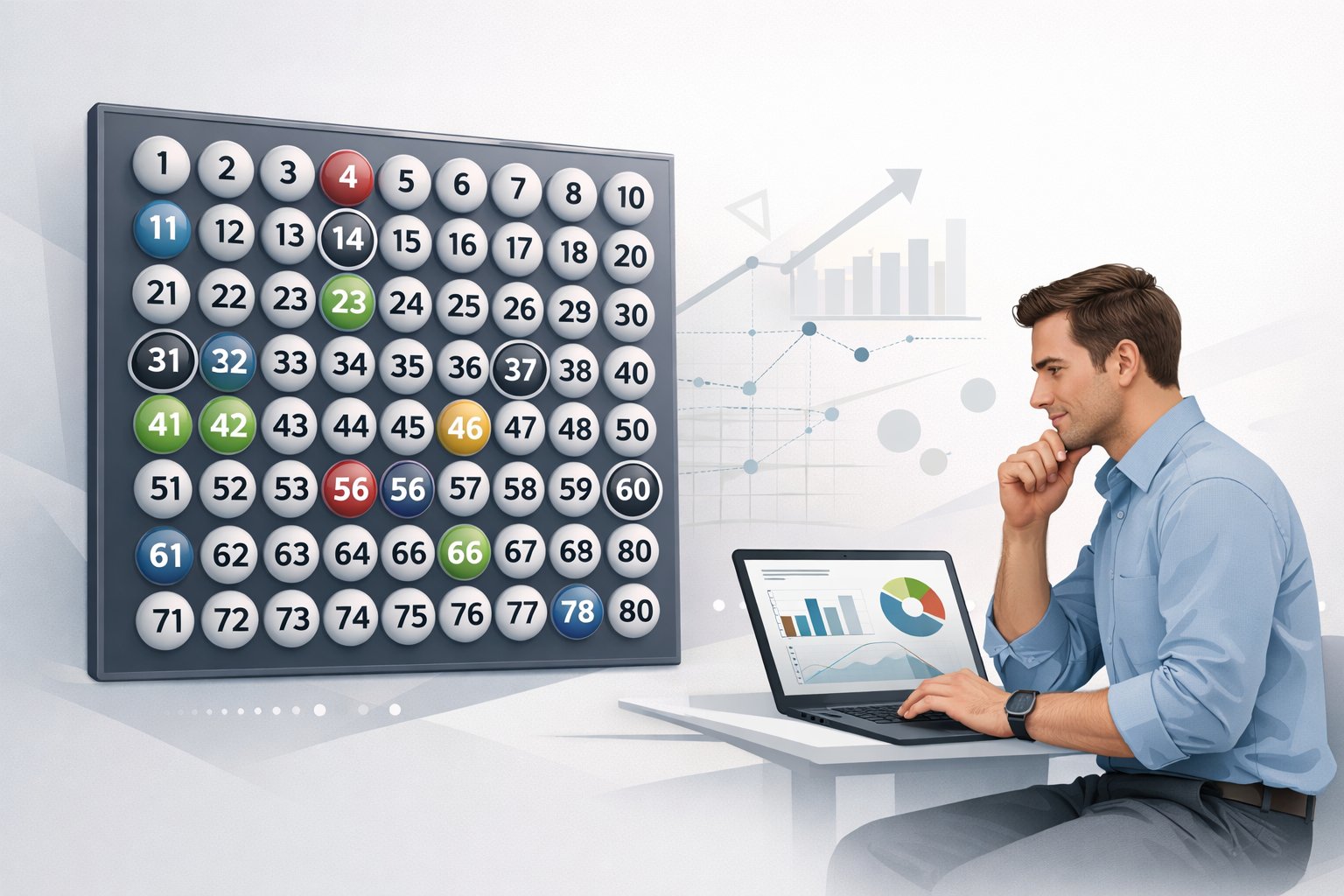 A person analyzing numbered balls and charts on a tablet, representing a strategy for selecting Keno numbers.
