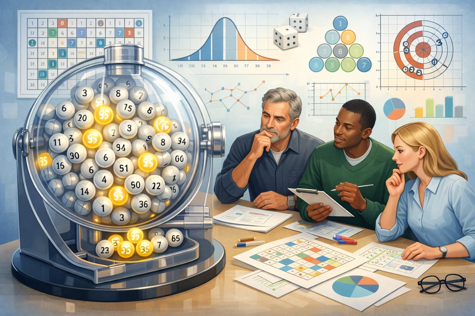 A lottery machine with numbered balls being selected, surrounded by people analyzing number patterns and charts.