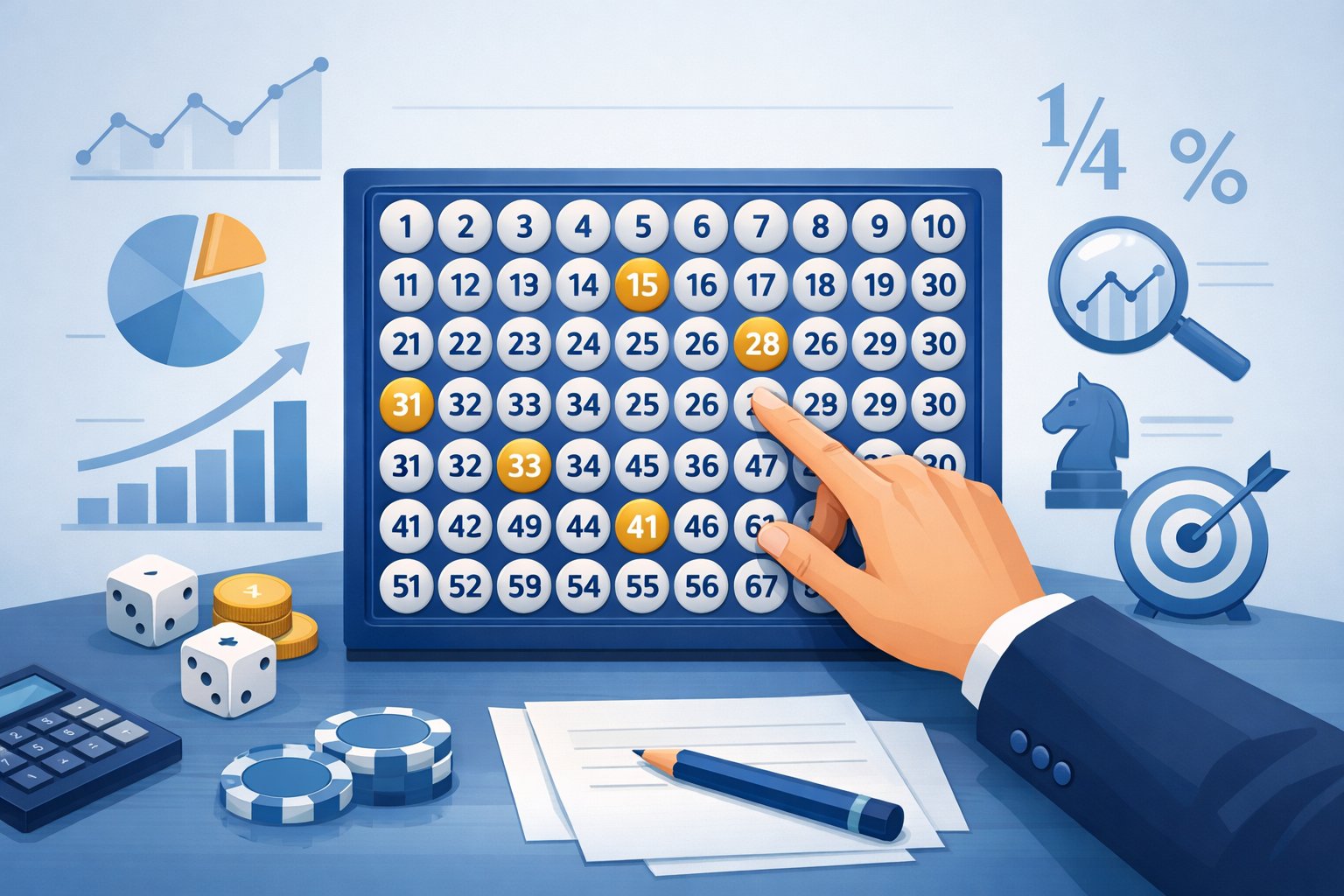A Keno game table with a hand selecting numbers on a numbered board, surrounded by symbols representing strategy and analysis.