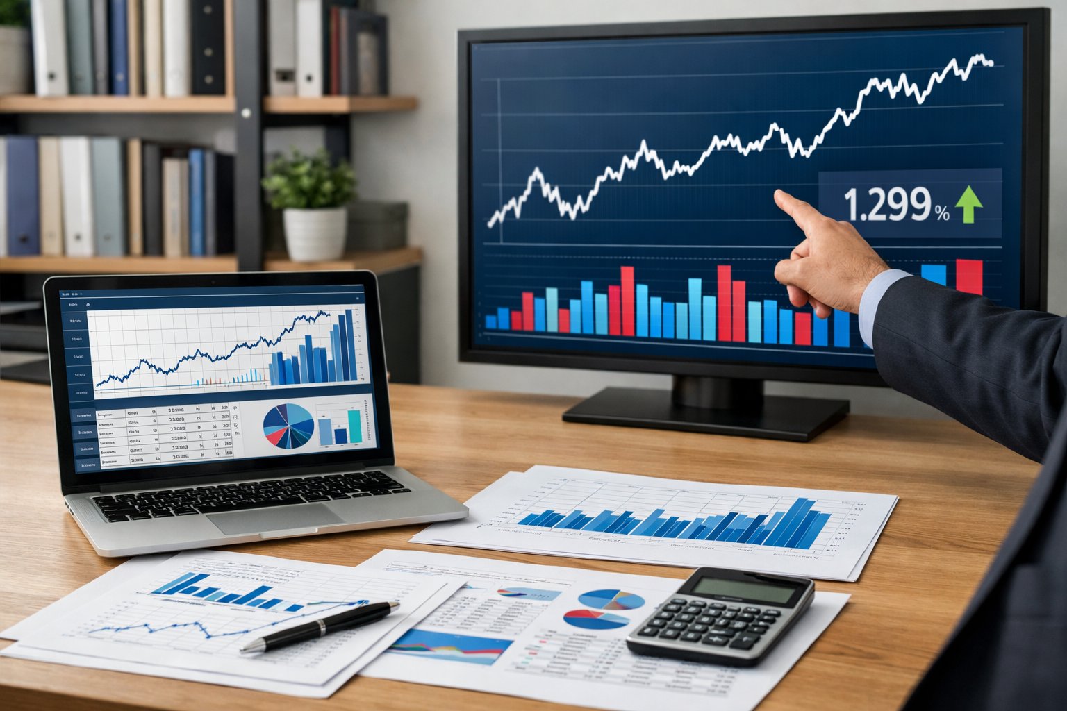 Une personne en tenue professionnelle analysant des graphiques et des données économiques sur un ordinateur portable dans un bureau moderne.