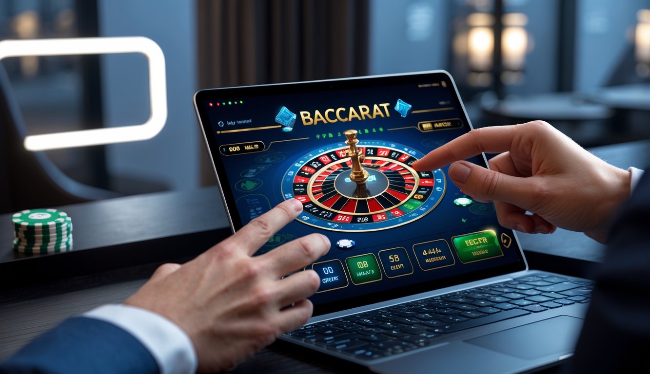 Seseorang menggunakan perangkat digital untuk bermain baccarat online dengan kartu dan chip di meja yang rapi.