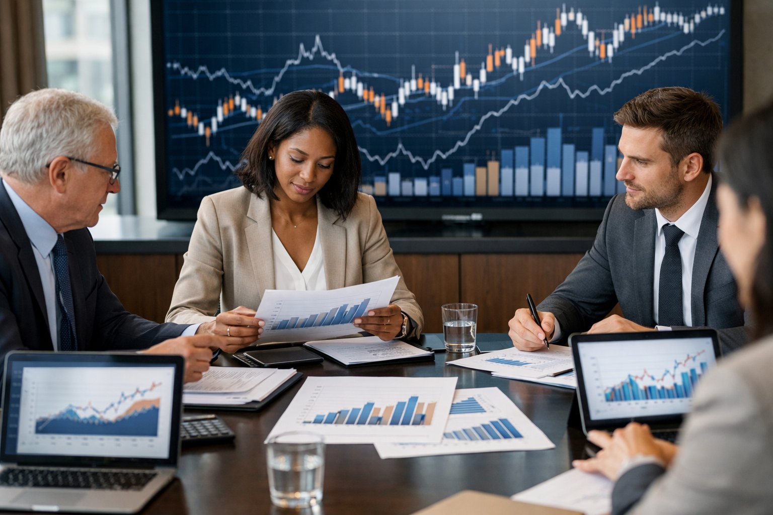 Des professionnels en réunion autour d'une table de conférence analysant des graphiques économiques dans un bureau moderne.