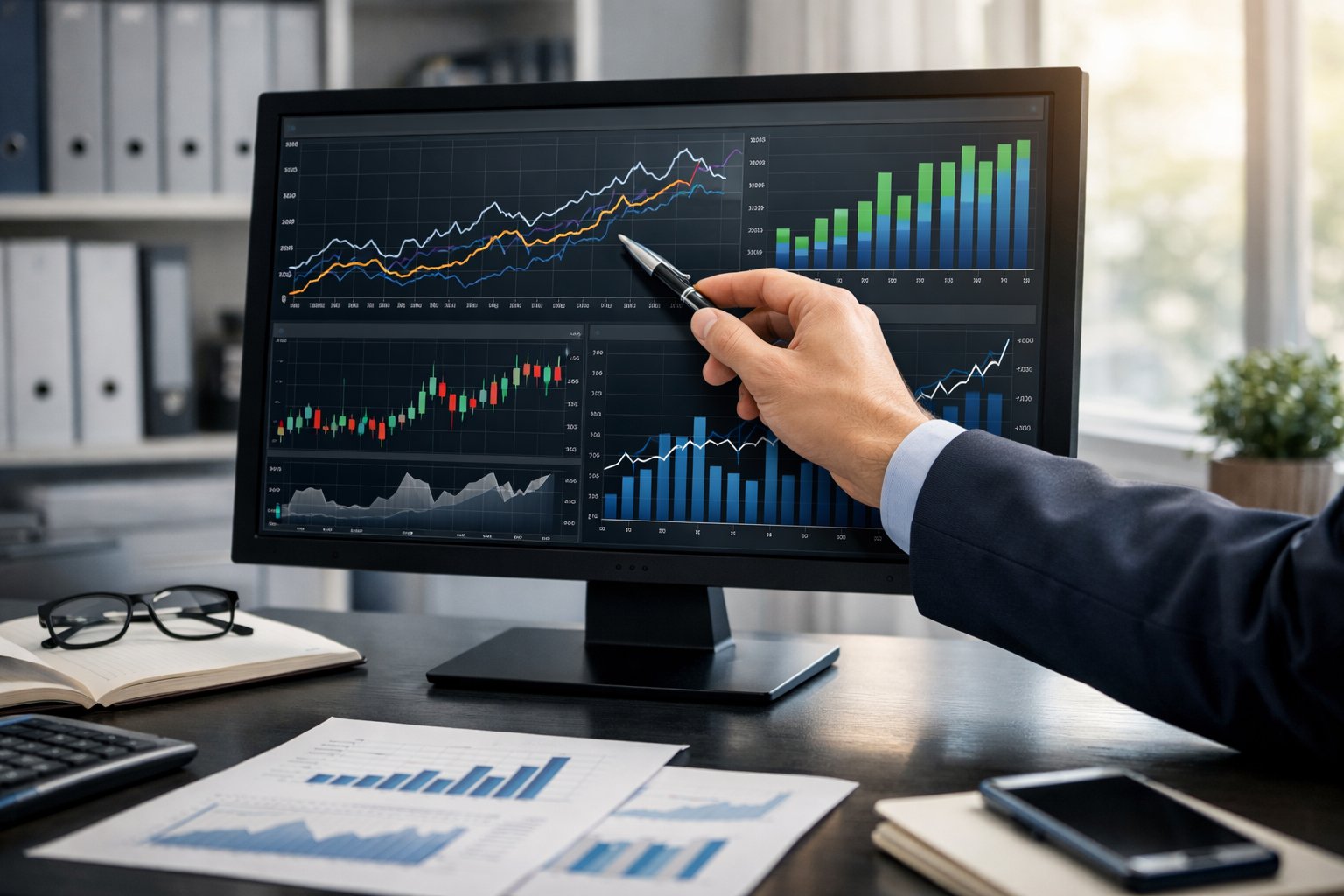Personne en tenue professionnelle analysant des graphiques économiques sur un écran d'ordinateur dans un bureau moderne.