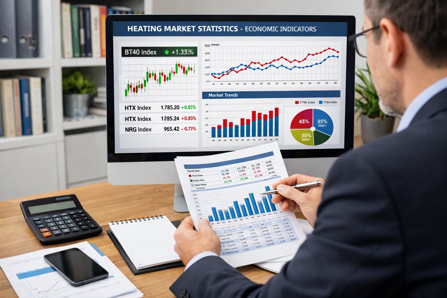 Une personne en bureau analysant des données financières sur un écran d'ordinateur avec des documents et des graphiques liés au marché du chauffage.