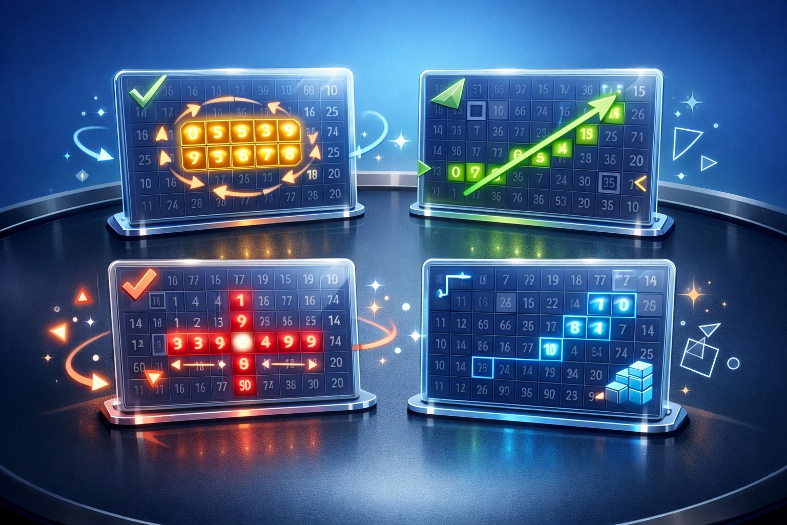 A gaming table displaying four cards with highlighted number patterns and graphical elements indicating winning strategies.