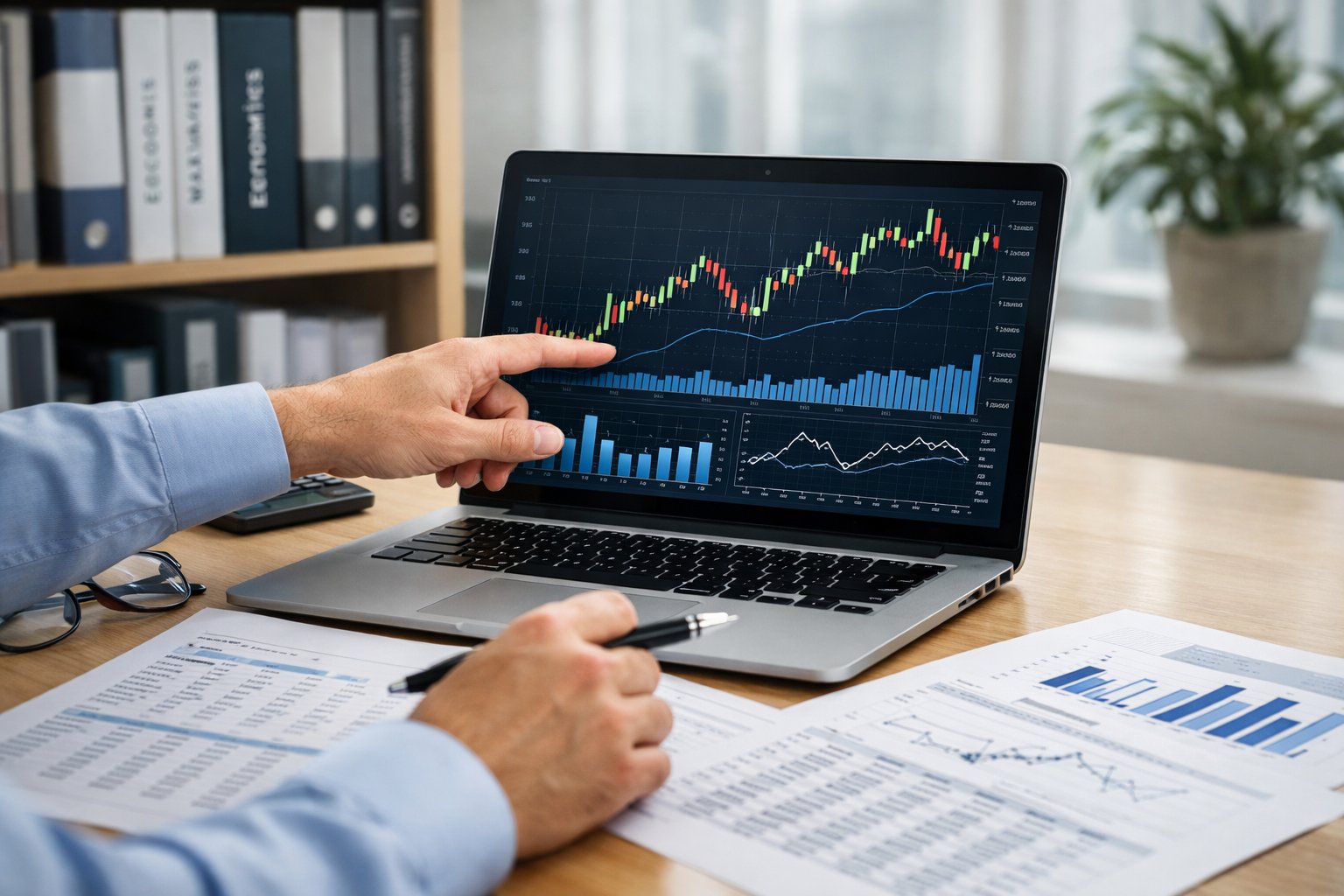 Un bureau moderne avec un ordinateur portable affichant des graphiques, des mains pointant vers l'écran et des documents imprimés, symbolisant l'analyse économique.
