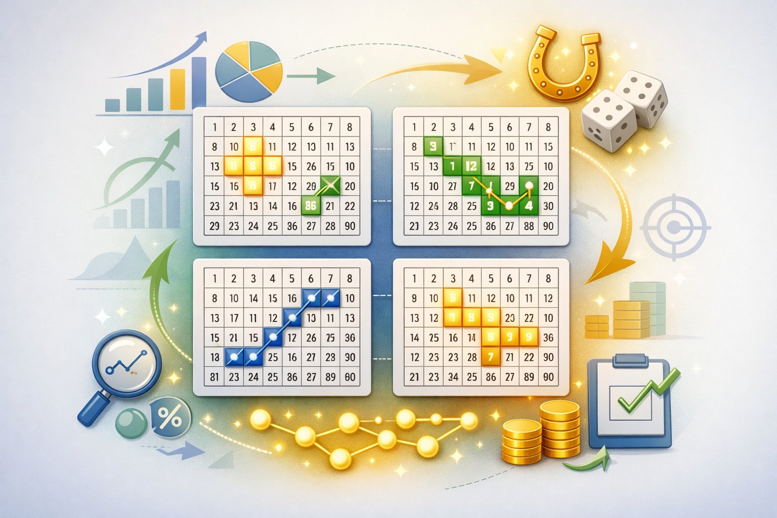 Illustration showing four Keno cards with number grids and highlighted winning patterns, surrounded by icons representing strategy and analysis.
